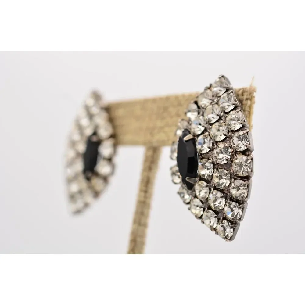 Vintage Crystal Earrings Black Marquise Prong Rhinestone Sparkling 1980s 9D